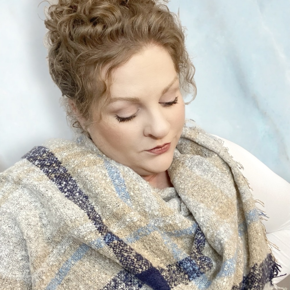 WREN Soft Plaid Blanket Scarf Frayed Hem Tan Blue